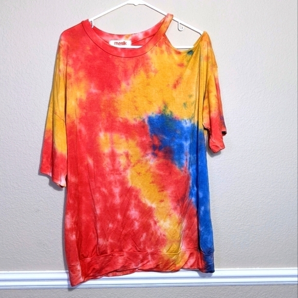 Tie Dye Oversized Cold Shoulder T-shirt - Picture 1 of 4